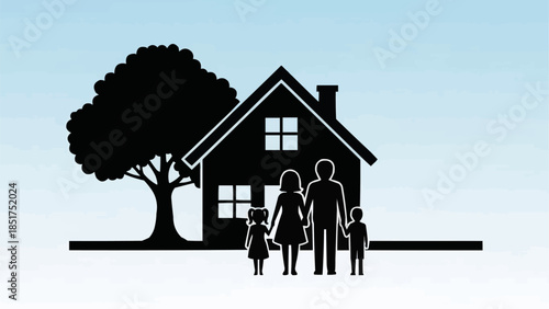 Silhouette of a family standing in front of their home with a tree.
