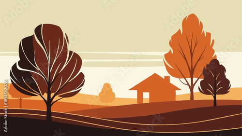 Stylized Autumn Landscape with Trees and House.