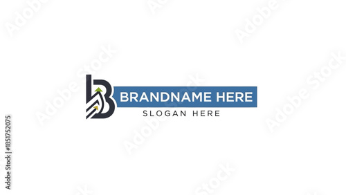 Abstract dark blue letter B logo with a segmented green and yellow upward arrow, featuring brandname and slogan placeholders.