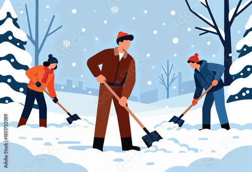 People shoveling snow during a winter snowfall near trees and city buildings