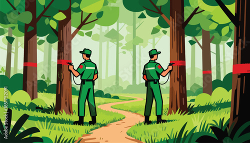 Forest workers mark trees with red tape in a woodland clearing