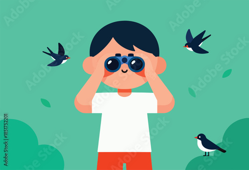 Child uses binoculars to observe birds flying in a green, leafy environment