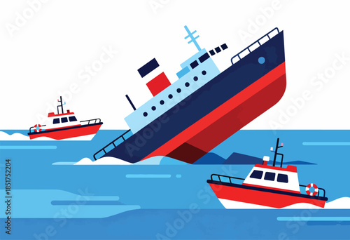 Sinking ship surrounded by rescue boats on blue waves