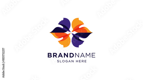 Abstract symmetrical design of stylized human profiles forming a vibrant floral shape in purple and orange gradient