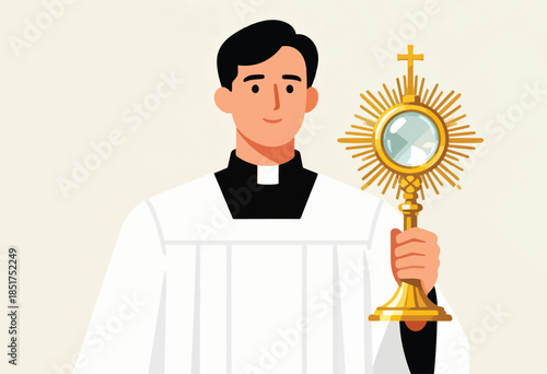 Clergy member in ceremonial vestments holding a golden monstrance