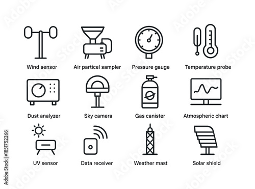 Mars Atmospheric Icons. Mars atmospheric research. Line icon set