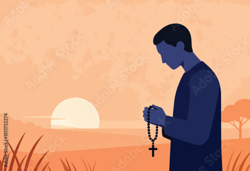Silhouette of a man praying with rosary beads against a sunrise