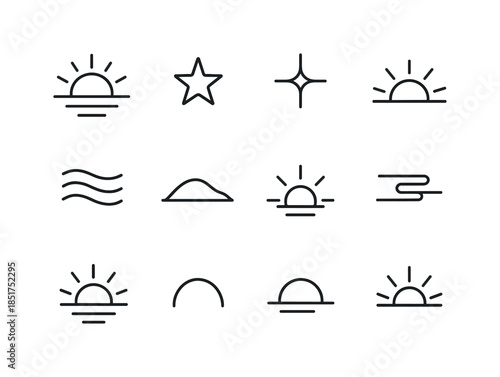 Dawn Line Icons. Dawn. Line icon set of Dawn: sun emerging, morn