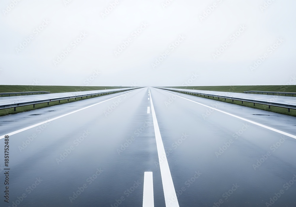 Fototapeta premium Perspective view of a modern wet highway vanishing point in misty weather