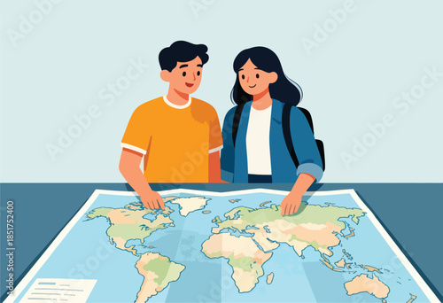 A smiling couple plans their next adventure by pointing at a world map