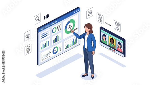 Businessman analyzing HR data on large screen.