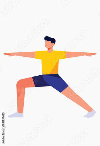 Person in yellow shirt and blue shorts performing a warrior pose