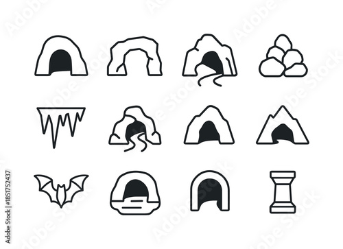 Rock Cave Icons. Rock Caves. Line icon set of Rock Caves: cave o