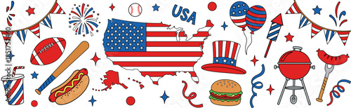 American independence day celebration doodle set with flag barbecue fireworks hotdog and patriotic elements