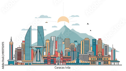 Caracas Avila skyline illustration, modern buildings and natural landscape in Venezuela