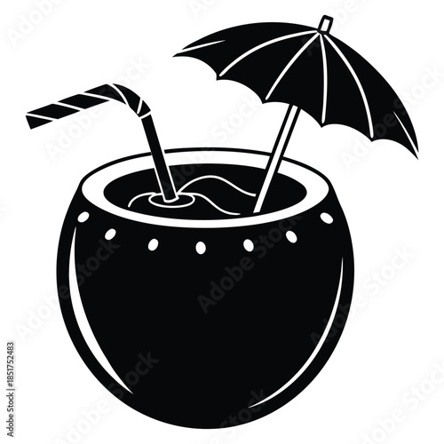 Coconut tropical drink with straw and a little umbrella silhouette vector illustration