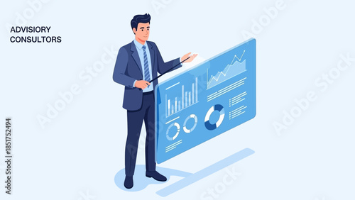 Businessman presenting data on large screen.