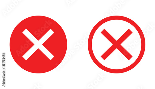 Red cross close icons set. Filled and outlined cancel error symbols. UI delete wrong action signs for apps, websites and interfaces