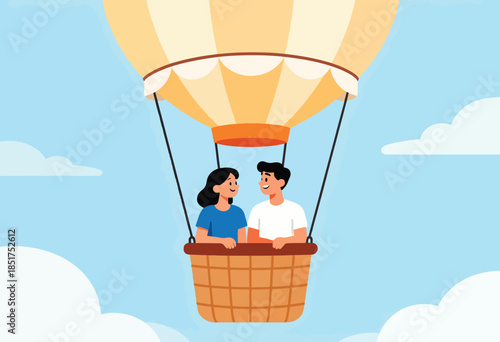 Couple in a hot air balloon looking at each other, floating in a sky with clouds