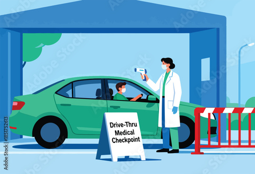 A medical professional uses a thermal scanner at a drive-thru checkpoint