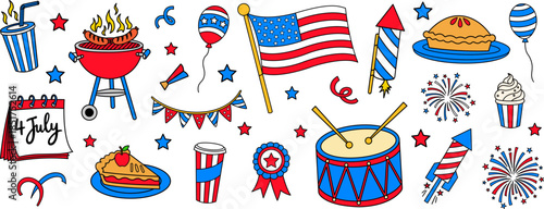 Fourth of july patriotic icon set with american flag barbecue fireworks pie drum and independence day symbols
