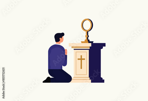 Person kneeling in prayer before a religious altar with a cross and chalice