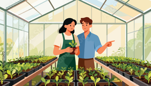 Couple tending to seedlings in a bright greenhouse