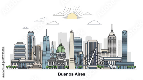 Buenos Aires skyline illustration featuring iconic landmarks under a stylized sun and clouds