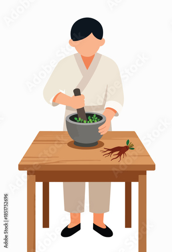 Person grinding herbs in a mortar on a wooden table with a root