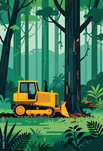 Yellow bulldozer clearing a forest