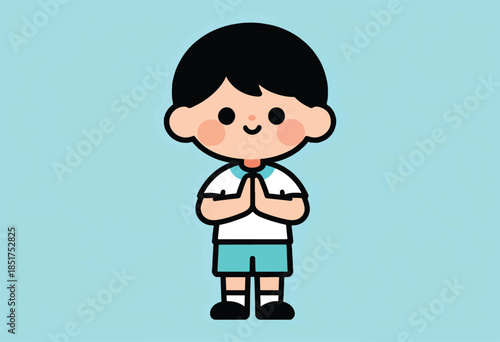 A cartoon boy with black hair and rosy cheeks stands with his hands pressed together