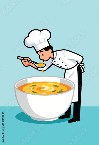 A chef in uniform tastes soup from a spoon, with a large bowl