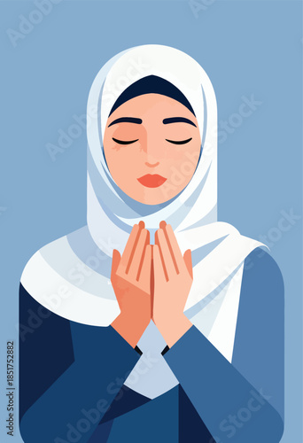 Person wearing a hijab, eyes closed, hands clasped in prayer