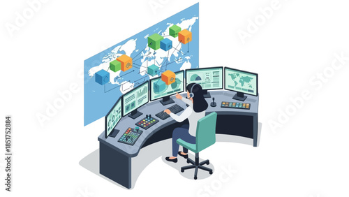 Control Room with Multiple Computer Screens.