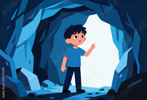 A young boy points into a bright cave opening, surrounded by dark, rocky formations