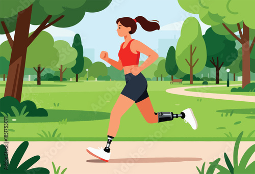 Woman with prosthetic legs runs through a park