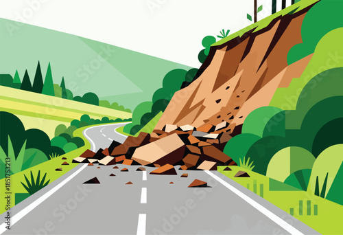 Road blocked by landslide and debris