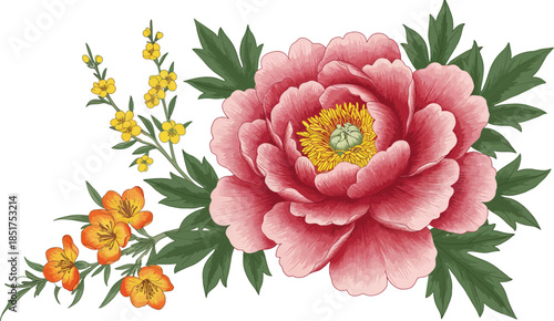 Vibrant yellow flowers in various decorative vases on white background