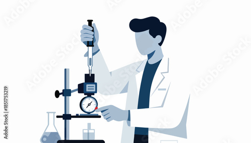 Scientist in lab coat performs experiment with pipette and measuring device