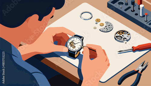 Person meticulously assembling a mechanical watch movement on a workbench