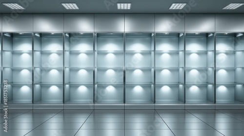 Modern minimalist exhibition display with illuminated glass shelves in a sleek contemporary setting for art, products, or collectibles showcasing