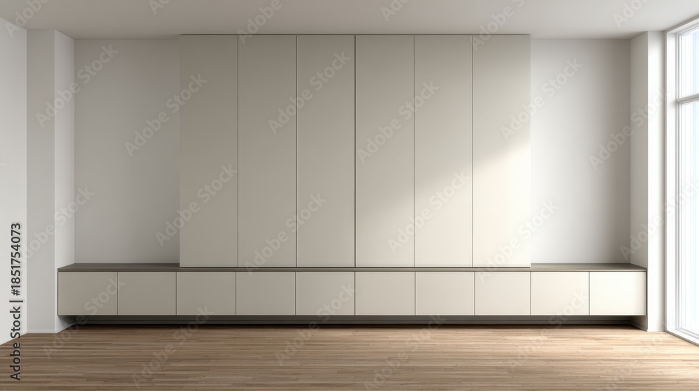 Fototapeta premium Modern minimalist interior design featuring sleek cabinetry and wooden flooring in a bright and spacious living area with natural light streaming in