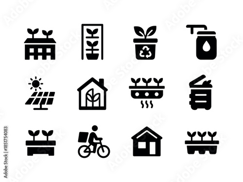Urban Farming Icons. Urban zero waste farms. Solid icon set of U