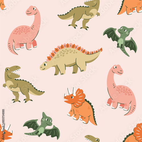 Vector dinosaurs seamless pattern. Cartoon cute characters isolated on light pink background. Diplodocus, pterodactyl, triceratops, tyrannosaurus rex kids repeat print design.