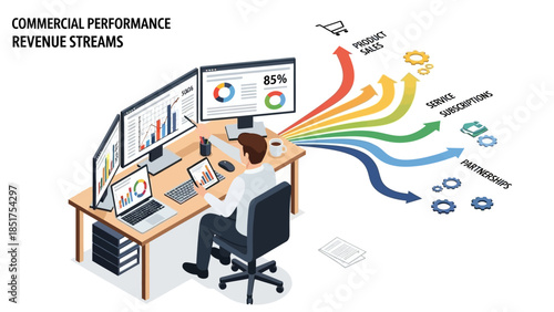 Man Analyzing Multiple Revenue Streams on Computer.