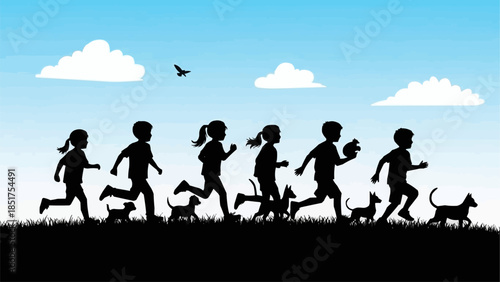 Children and dogs running silhouette on grassy hill under blue sky.