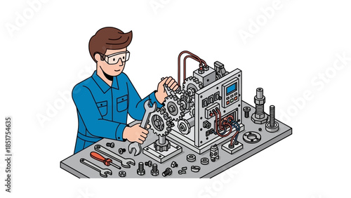 Man Working on Complex Mechanical Device.