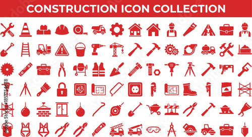 Construction icons, building tools, safety gear, heavy machinery, site equipment, industrial symbols, engineering elements, infrastructure visuals, construction worker graphics