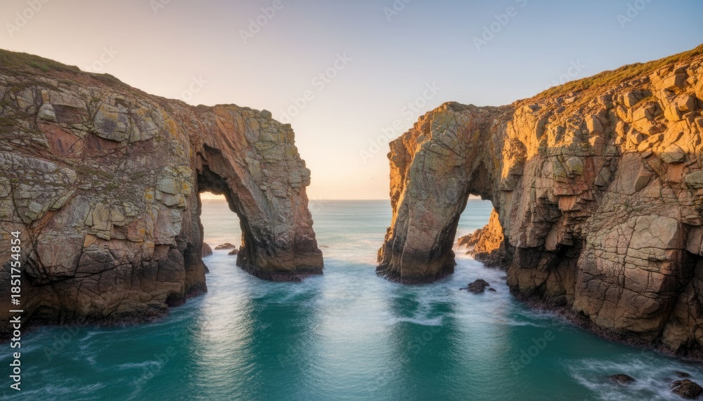 Fototapeta premium Two rock arches meet the sea at sunrise