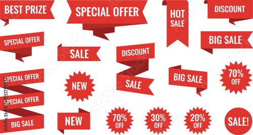 Red sale labels, discount tags, promotional banners, retail marketing graphics, special offer signs, hot deals, price cut stickers, advertising elements